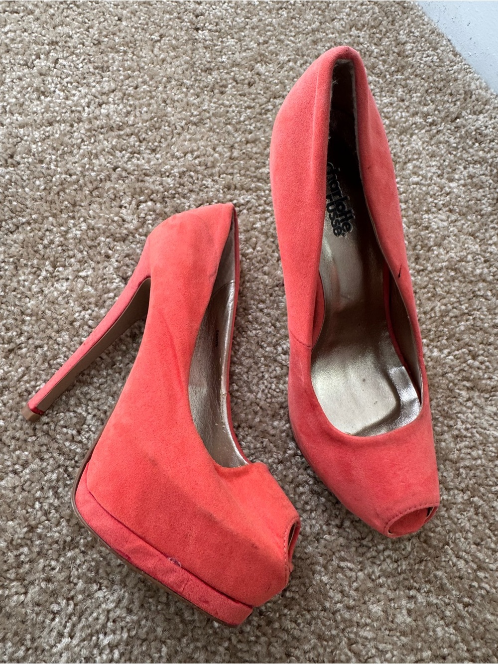 Charlotte Russe Coral Suede Peep-Toe High Heels - Women